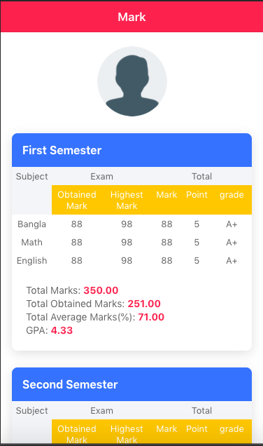 Student Management marks and GPA screen